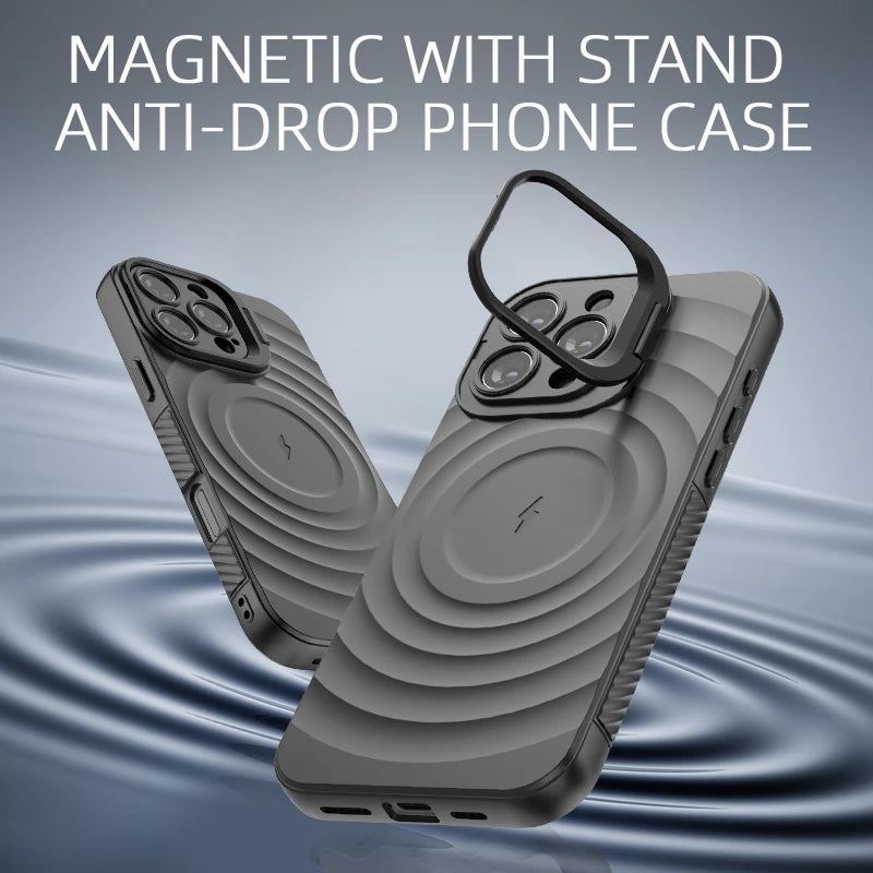 Ripple Matte Armor For Magsafe Magnetic Wireless Charge Case For iPhone 16 Plus 15 14 13 Pro Max Camera Fold Stand Protect Cover