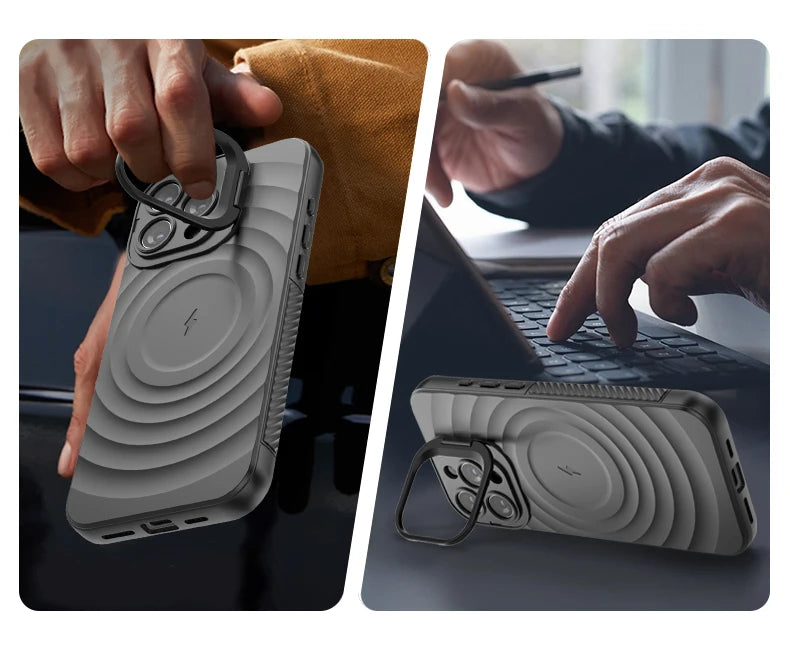 Ripple Matte Armor For Magsafe Magnetic Wireless Charge Case For iPhone 16 Plus 15 14 13 Pro Max Camera Fold Stand Protect Cover