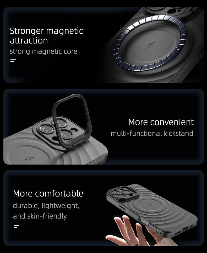 Ripple Matte Armor For Magsafe Magnetic Wireless Charge Case For iPhone 16 Plus 15 14 13 Pro Max Camera Fold Stand Protect Cover